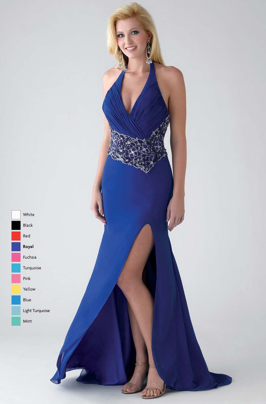 Royal Blue A Line Deep V Neck And Halter Zipper Sweep Train Floor Length Chiffon Prom Dresses With Beaded Waist And Side Slit 