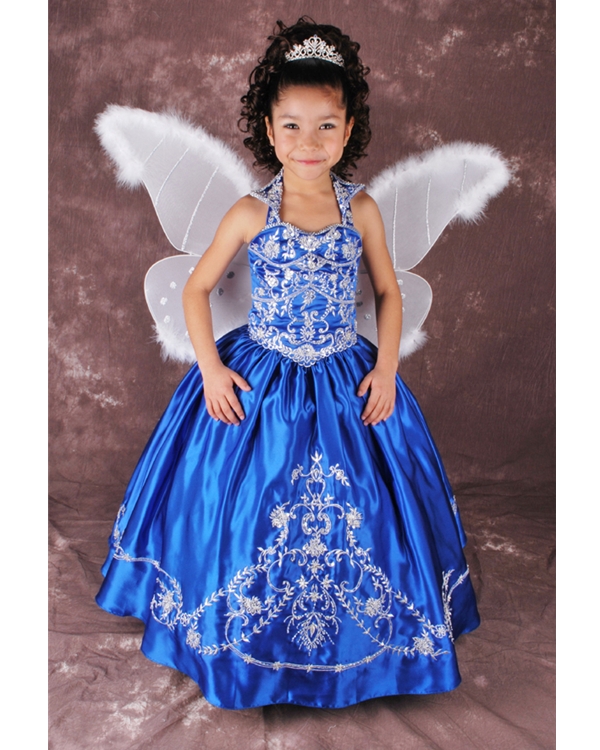 Royal Blue Halter Bandage Floor Length Ball Gown Flower Girl Dresses With White Embroidery 
