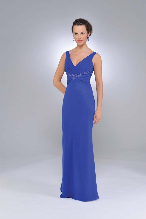Hot Sale Royal Blue Column V Neck And Strap Zipper Floor Length Chiffon Prom Dresses