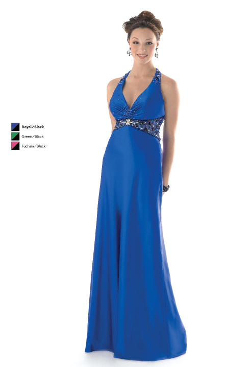 Royal Blue Empire Halter And Deep V Neck Open Back Floor Length Chiffon Prom Dresses With Jewel