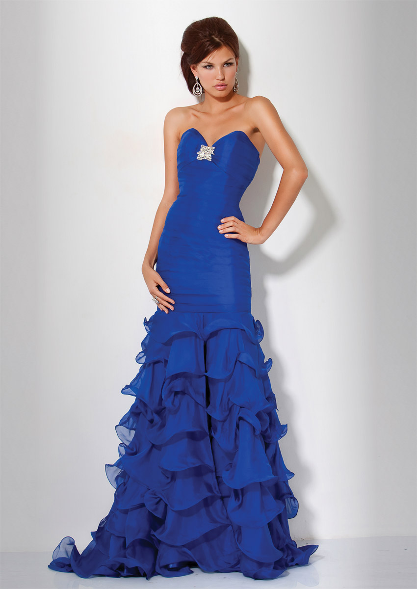 Royal Blue Mermaid Strapless Sweetheart Lace Up Sweep Train Full Length Tiered Celebrity Dresses With Beading And Ruches 