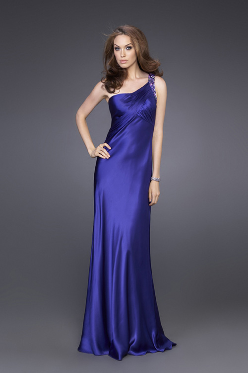 Sapphire Column One Shoulder Transparent Back Sweep Train Floor Length Evening Dresses With Beading 