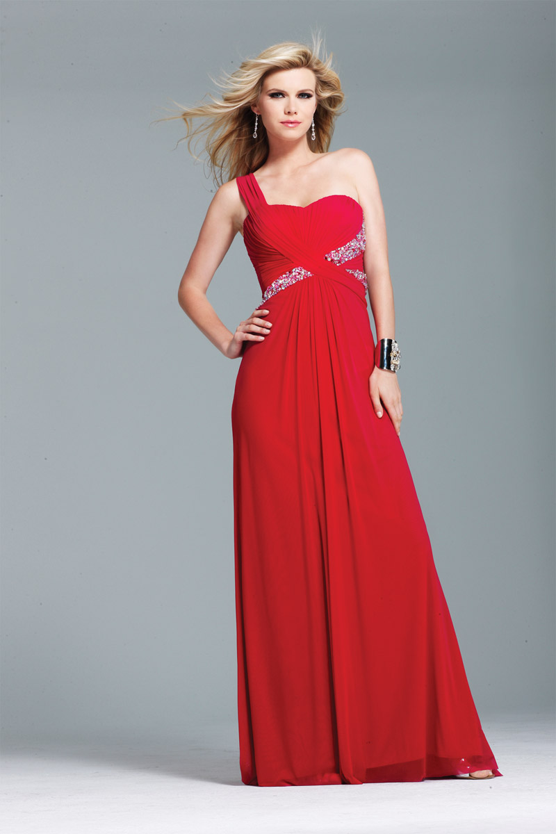 Scarlet A Line One Shoulder Low Back Sweep Train Beading Pleated Full Length Evening Dresses