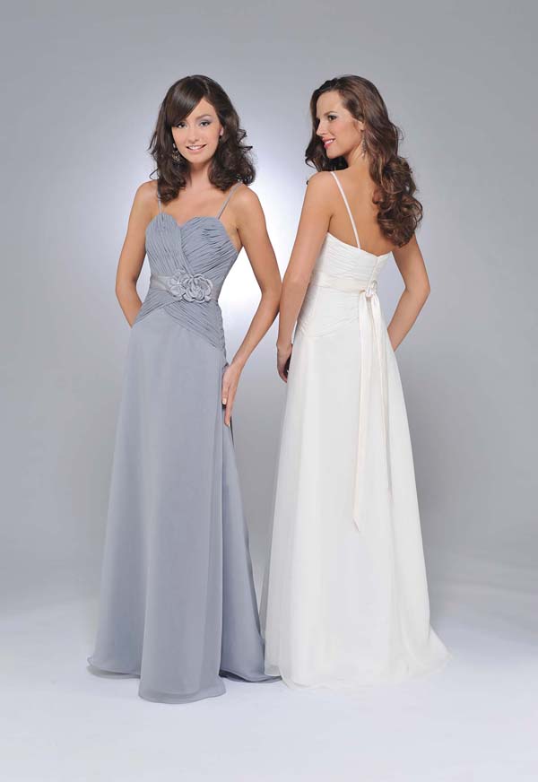 Silver A Line Spaghetti Straps Floor Length Draped Chiffon Prom Dresses With Sash And Flowers