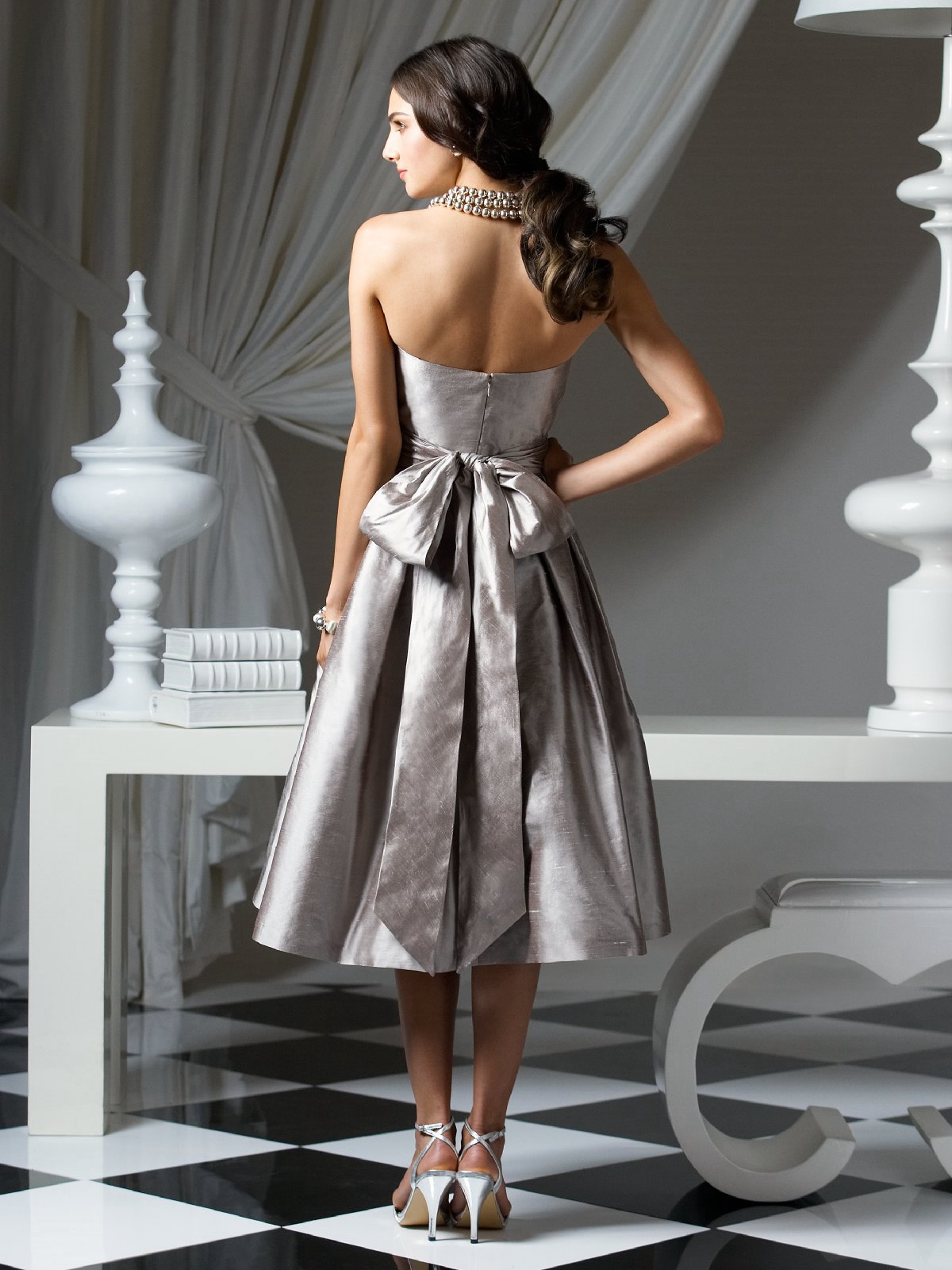 Silver a Line Strapless Zipper Tea Length Prom Dresses With Draped Waist