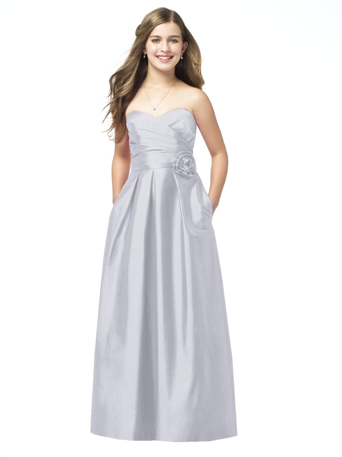 Silver A Line Strapless Sweetheart Zipper Floor Length Satin Prom Dresses With Flowers And Pockets 