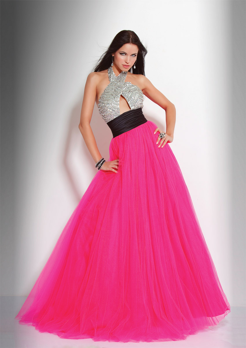 Silver And Fuchsia A Line Halter Backless Beading Floor Length Evening Dresses With Black Sash
