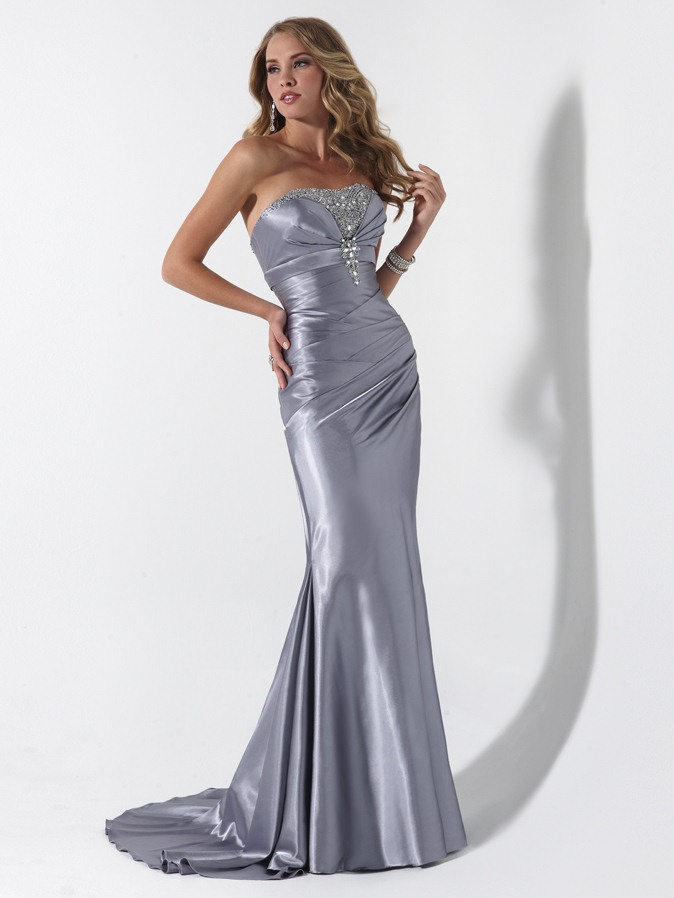 Silver Mermaid Strapless Lace Up Sweep Train Full Length Prom Dresses With Beading And Drapes