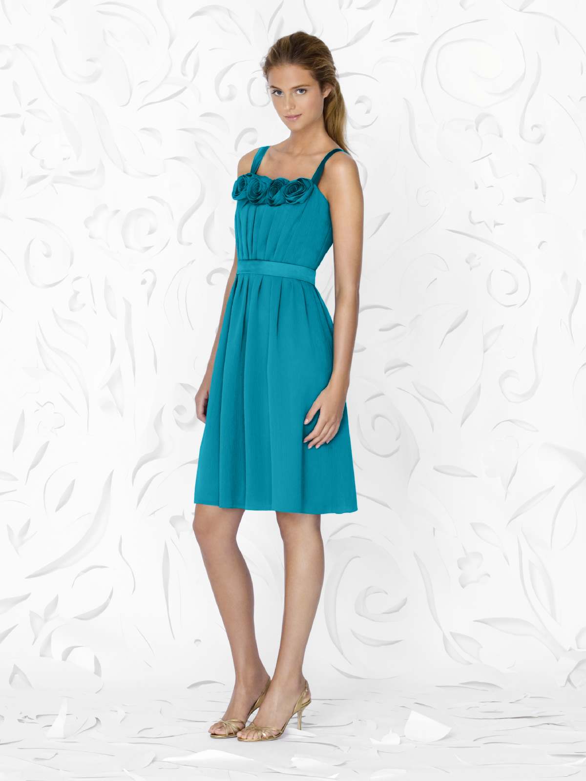 Teal A Line Square Neckline And Strap Zipper Knee Length Pleated Chiffon Prom Dresses With Rosettes