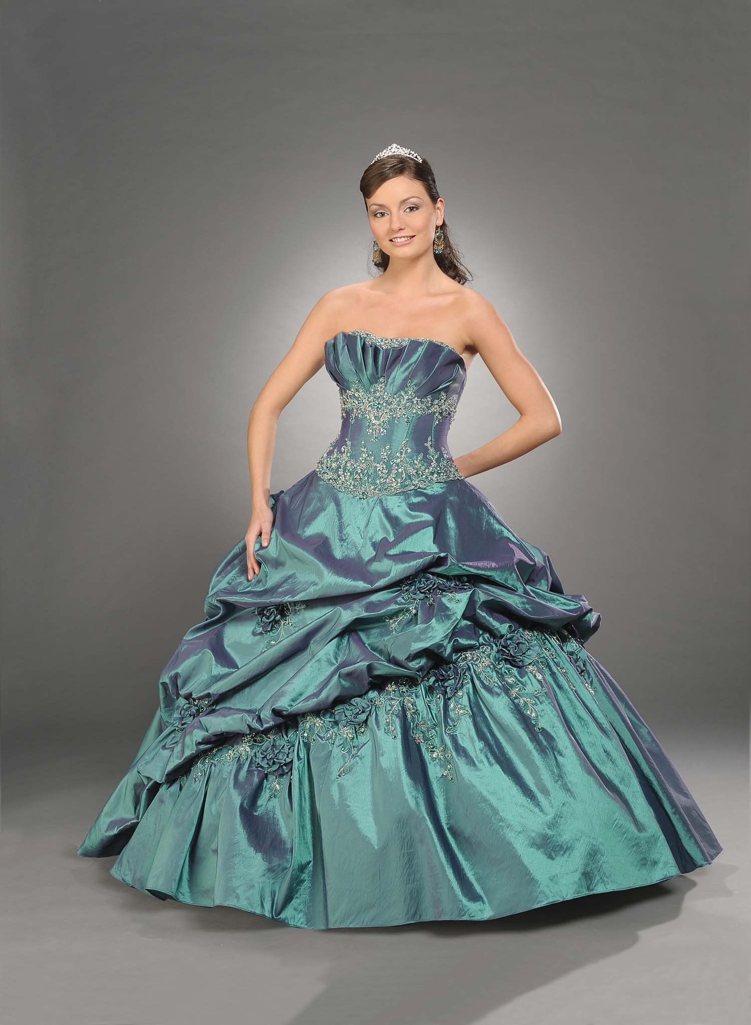 Teal Ball Gown Strapless Full Length Quinceanera Dresses With Beading And Twist Draped 