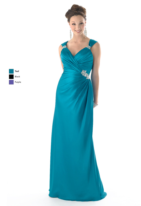 Teal Column V Neck Cross Back Floor Length Satin Prom Dresses With Beading And Drapes