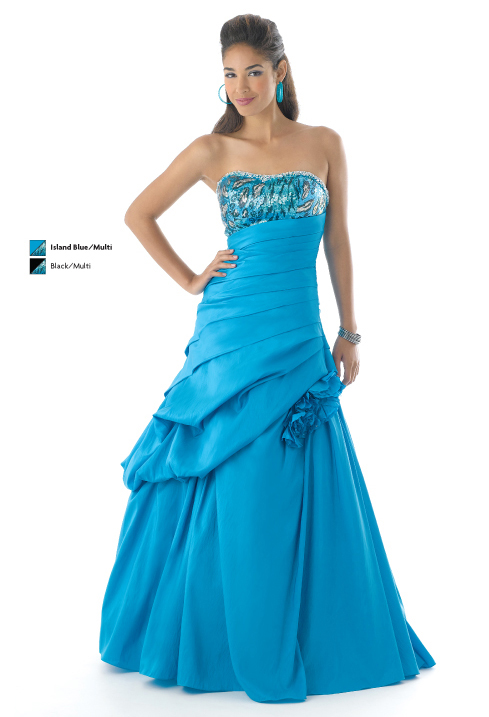 Island Blue A Line Strapless Lace Up Ruffles Full Length Prom Dresses