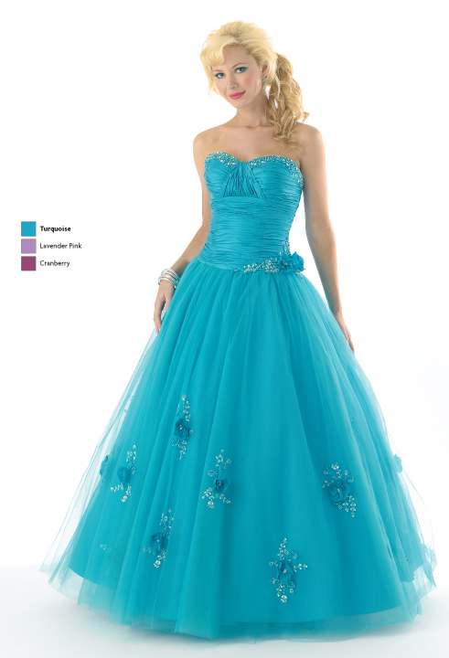 Turquoise A Line Strapless Sweetheart Lace Up Full Length Tulle Prom Dresses With Flowerss 