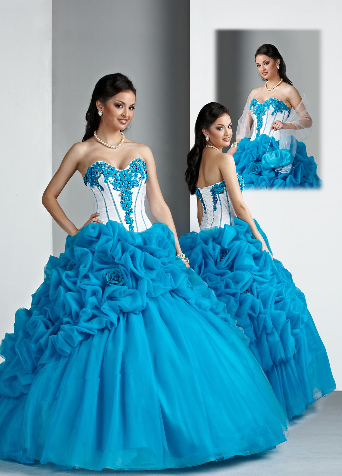 Turquoise And White Strapless Sweetheart Lace Up Floor Length Ball Gown Quinceanera Dresses With Appliques And Ruffles 