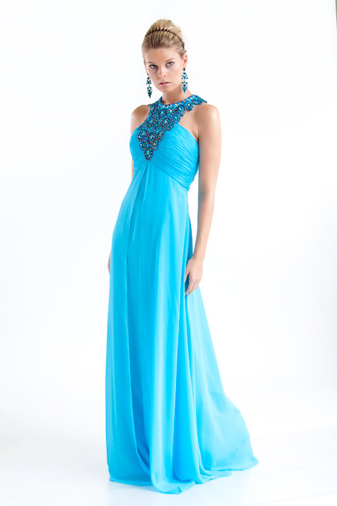 Turquoise Empire Jewel Zipper Full Length Lightweight Evening Dresses With Beading Appliques 