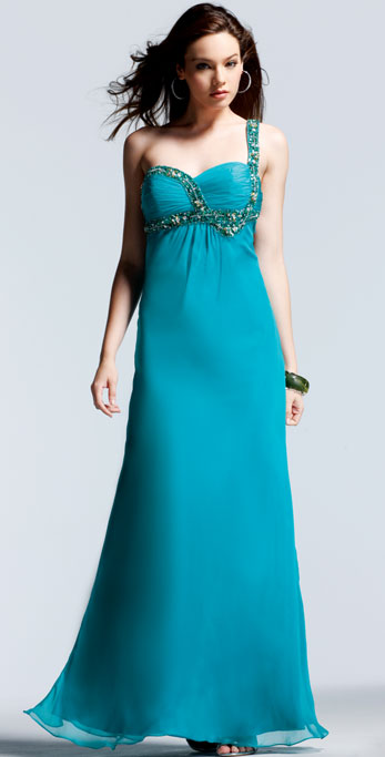 Turquoise Empire One Shoulder And Sweetheart Open Back Beading And Ruches Floor Length Chiffon Evening Dresses