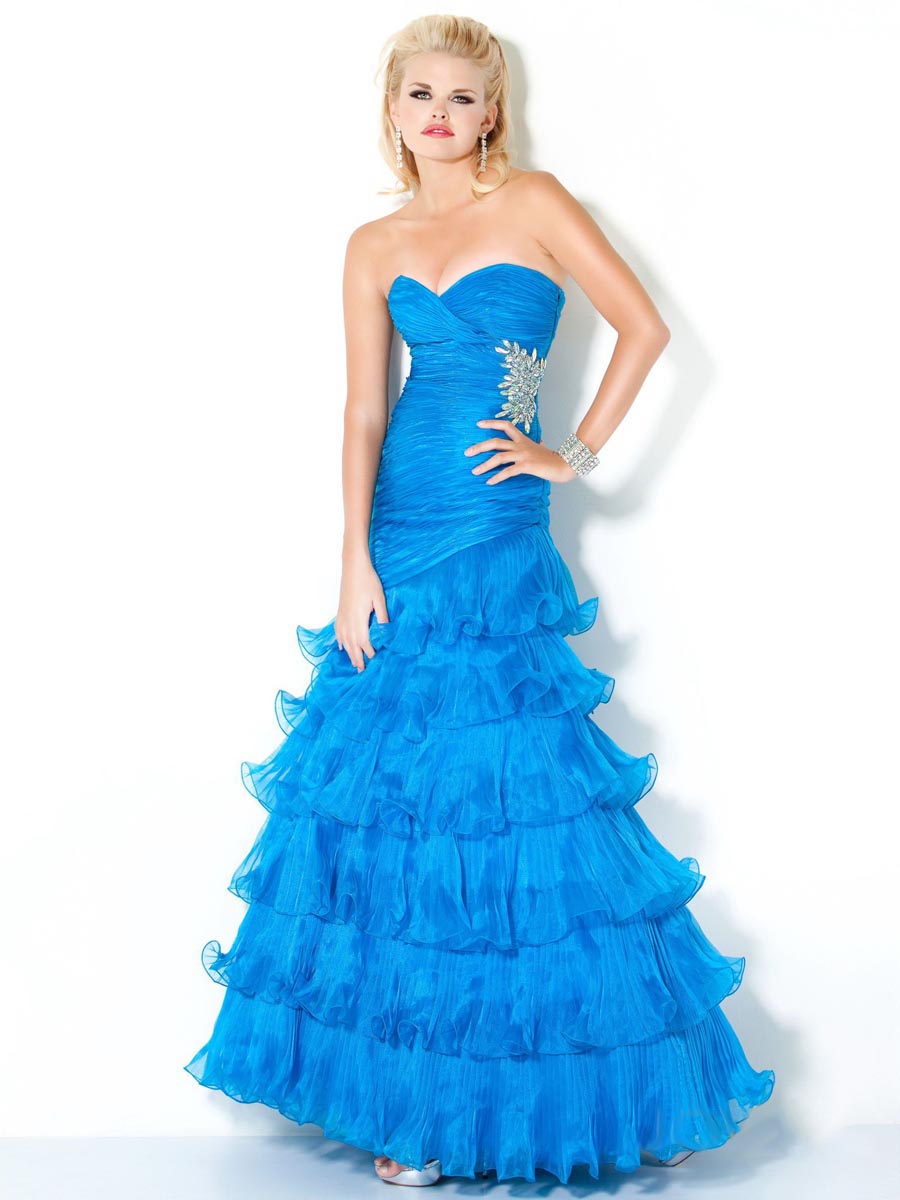 Blue Mermaid Strapless Sweetheart Ankle Length Tiered Celebrity Dresses With Beading And Ruffles 