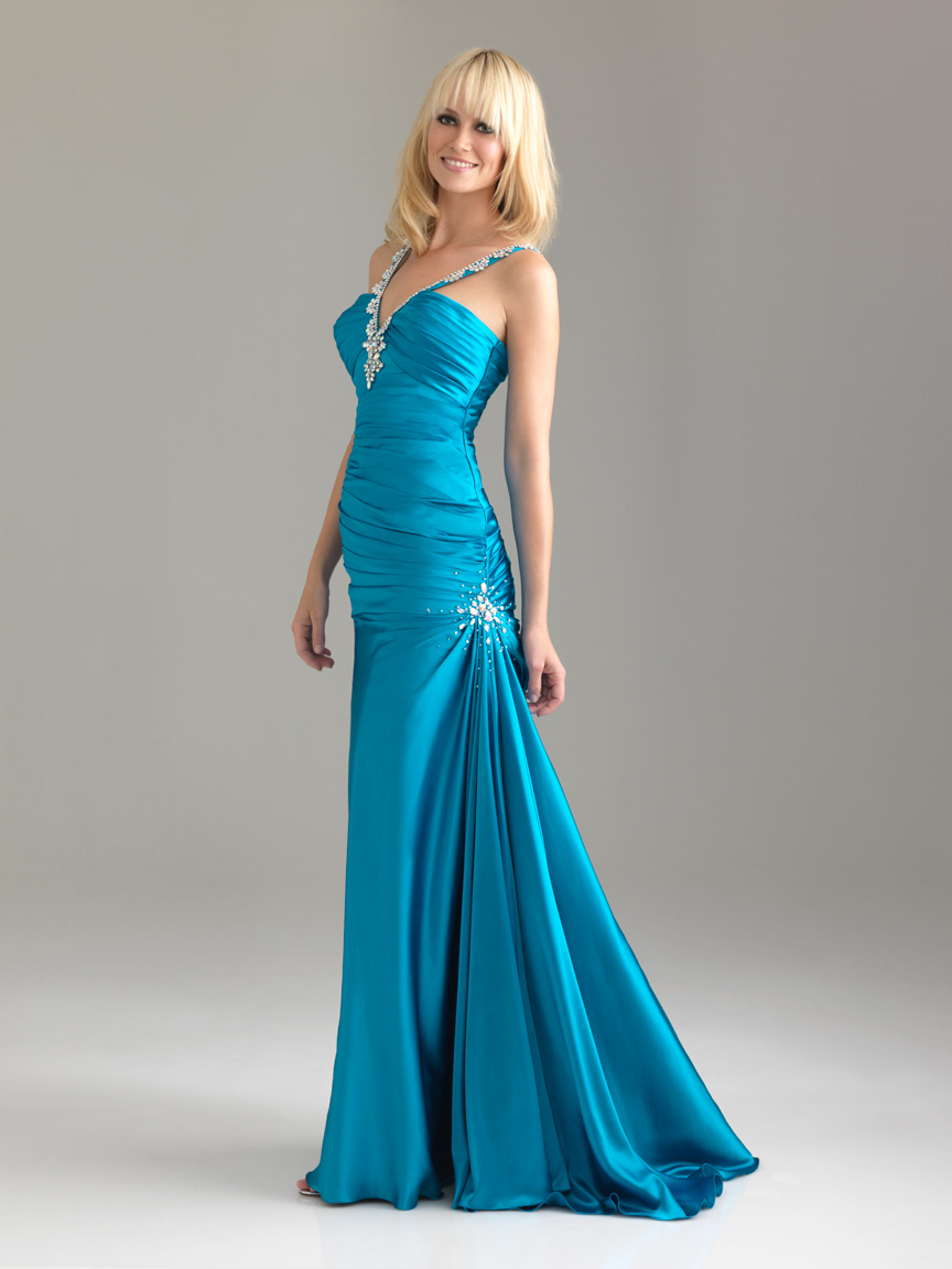 Turquoise Mermaid V Neck Bandage Floor Length Satin Evening Dresses With Beading And Drapes