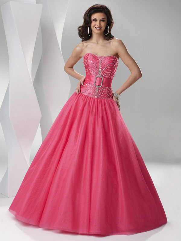 Watermelon A Line Strapless Lace Up Floor Length Pleated Prom Dresses With Beading And Belt 