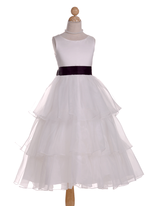 White A Line Scoop Ankle Length Tiered Flower Girl Dresses With Black Bow Belt And Pleated