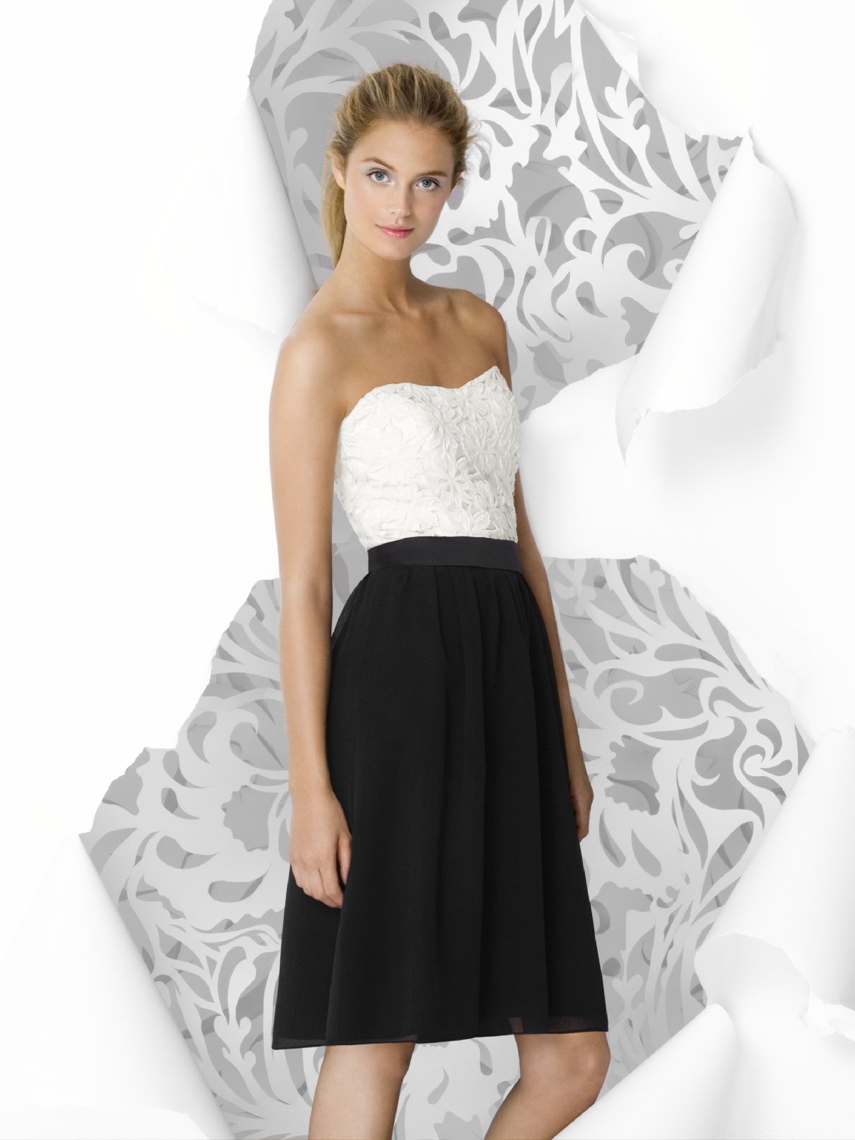 White And Black A Line Strapless Sweetheart Knee Length Lace And Chiffon Prom Dresses