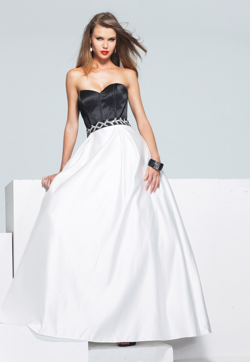 White And Black Strapless Sweetheart Floor Length Zipper A Line Satin Prom Dresses