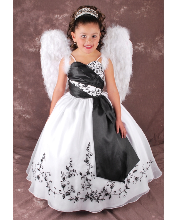 White And Black Ball Gown Spaghetti Straps Lace Up Full Length Flower Girl Dresses With Black Embroidery 