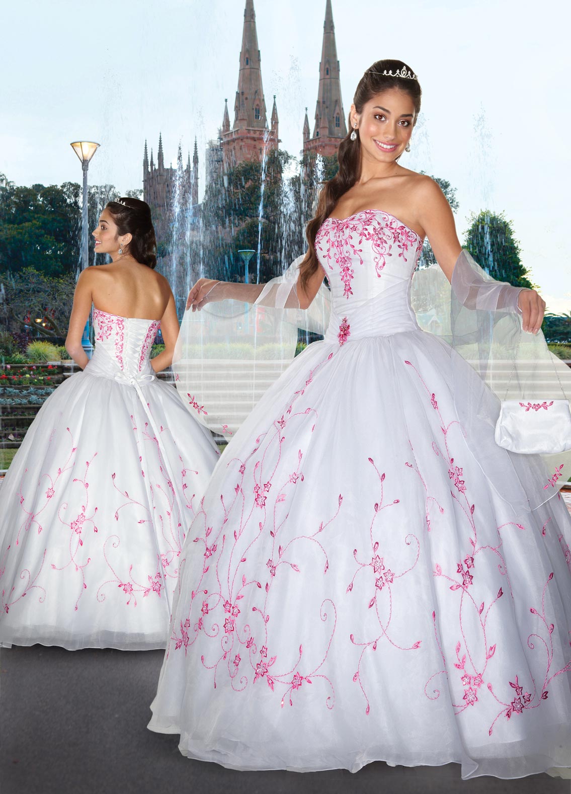 White Ball Gown Strapless Sweetheart Lace Up Full Length Quinceanera Dresses With Pink Embroidery 