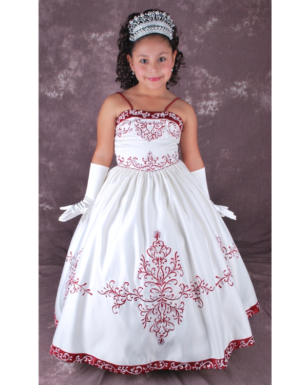 White Spaghetti Straps Floor Length Ball Gown Flower Girl Dresses With Red Embroidery