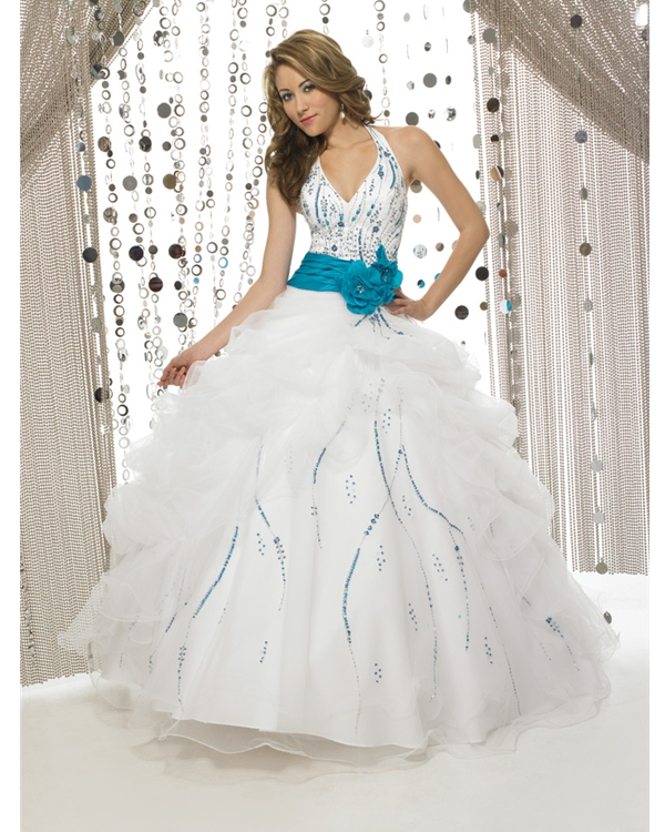 White Ball Gown Halter And V Neck Lace Up Full Length Quinceanera Dresses With Blue Beading Emrboidery