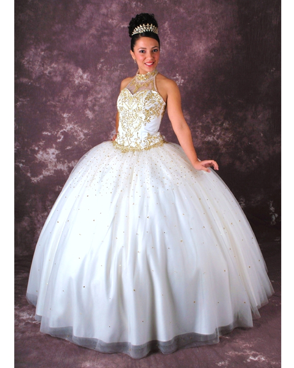 High Neck Lace Up Floor Length Gold Embroidered White Ball Gown Quinceanera Dresses