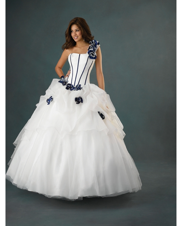 White Ball Gown One Shoulder Lace Up Floor Length Pleated Tulle Quinceanera Dresses With Navy Blue Flowers