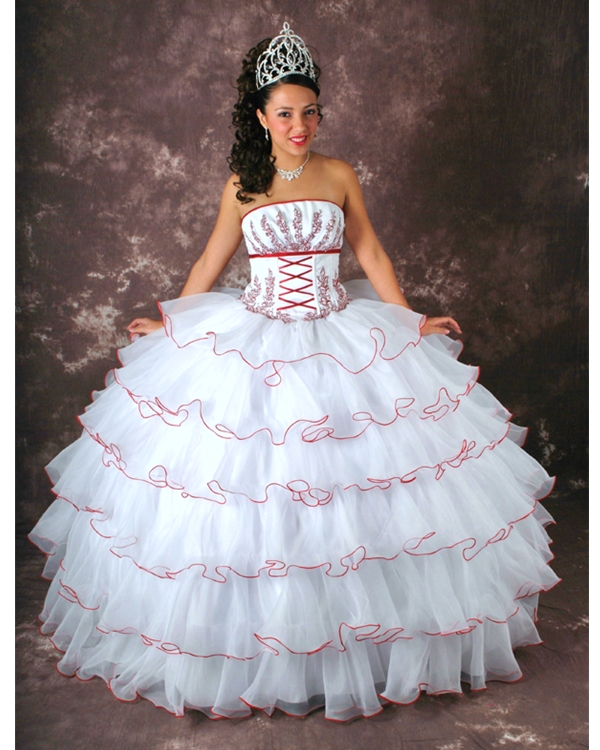 White Ball Gown Strapless Lace Up Sweep Train Floor Length Tulle Layered Quinceanera Dresses With Red Embellishments
