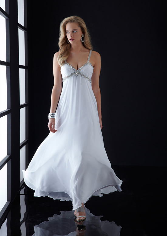 White Empire Deep V Neck And Strap Low Back Sweep Train Full Length Chiffon Evening Dresses With Beadings