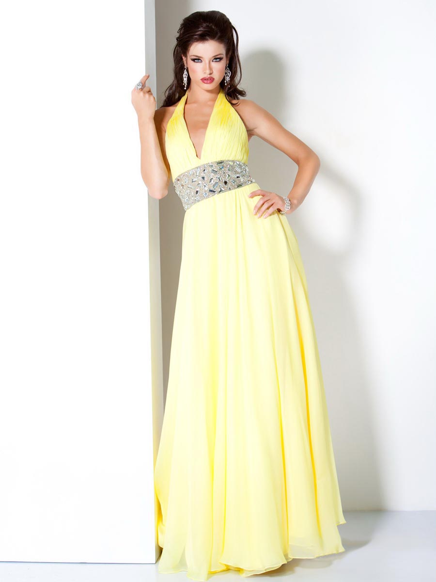 Yellow A Line Deep V Neck And Halter Low Back Full Length Evening Dresses With Beading Belt