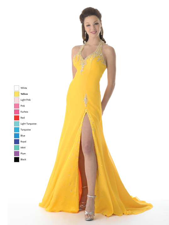 Yellow A Line Halter And V Neck Sweep Train Floor Length Chiffon Prom Dresses With Beading And High Slit 