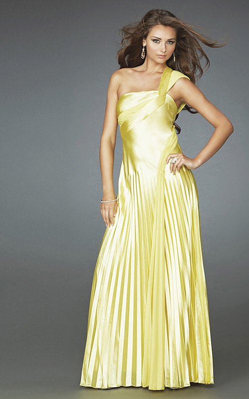 Yellow A Line One Shoulder Low Back Full Length Pleated Evening Dresses