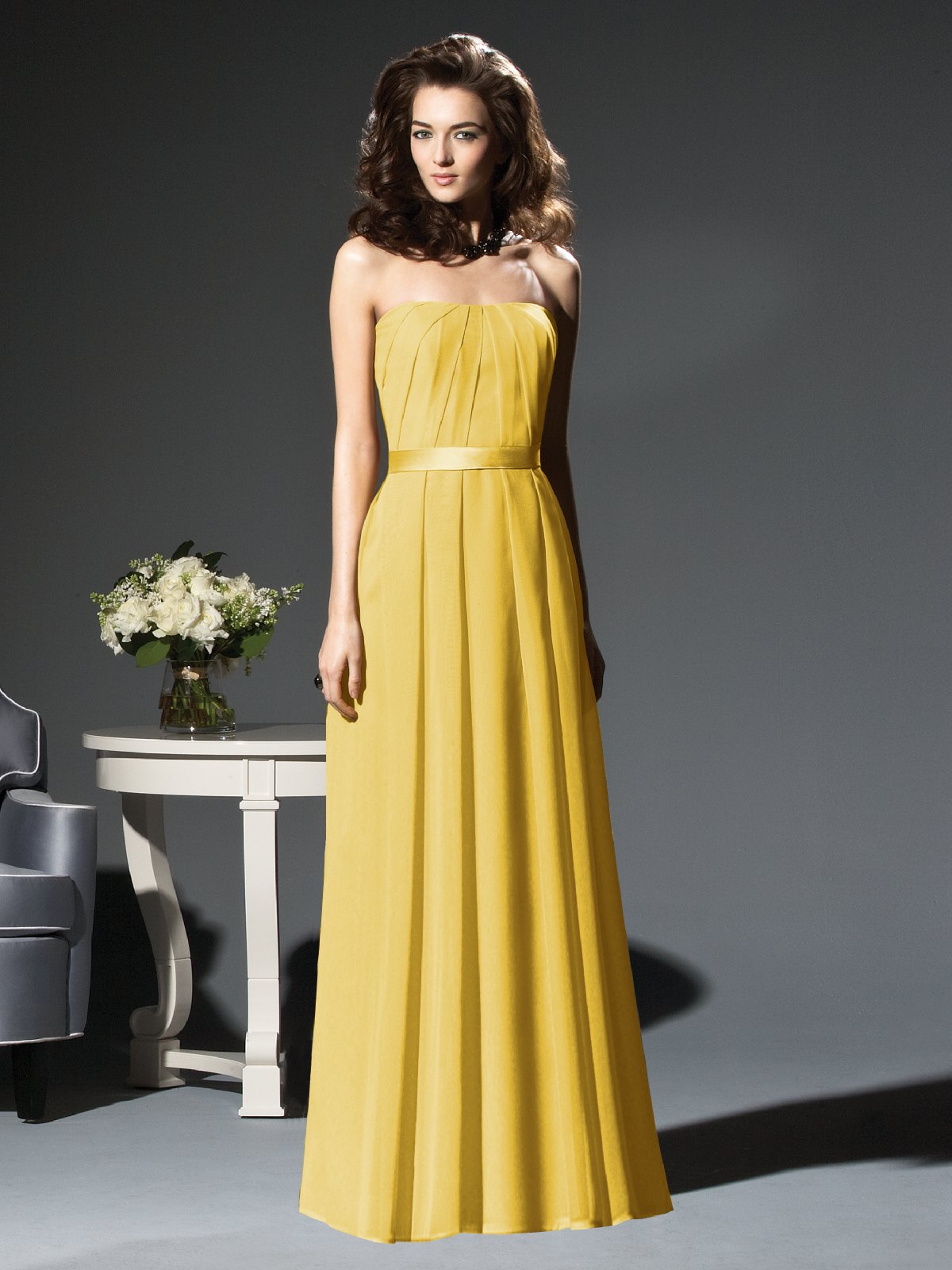 Yellow A Line Strapless Zipper Floor Length Pleated Chiffon Prom Dresses With Belt 