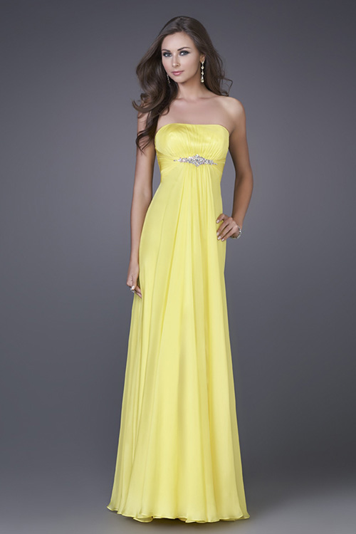 Yellow A Line Strapless Zipper Pleated Floor Length Evening Dresses With Beading