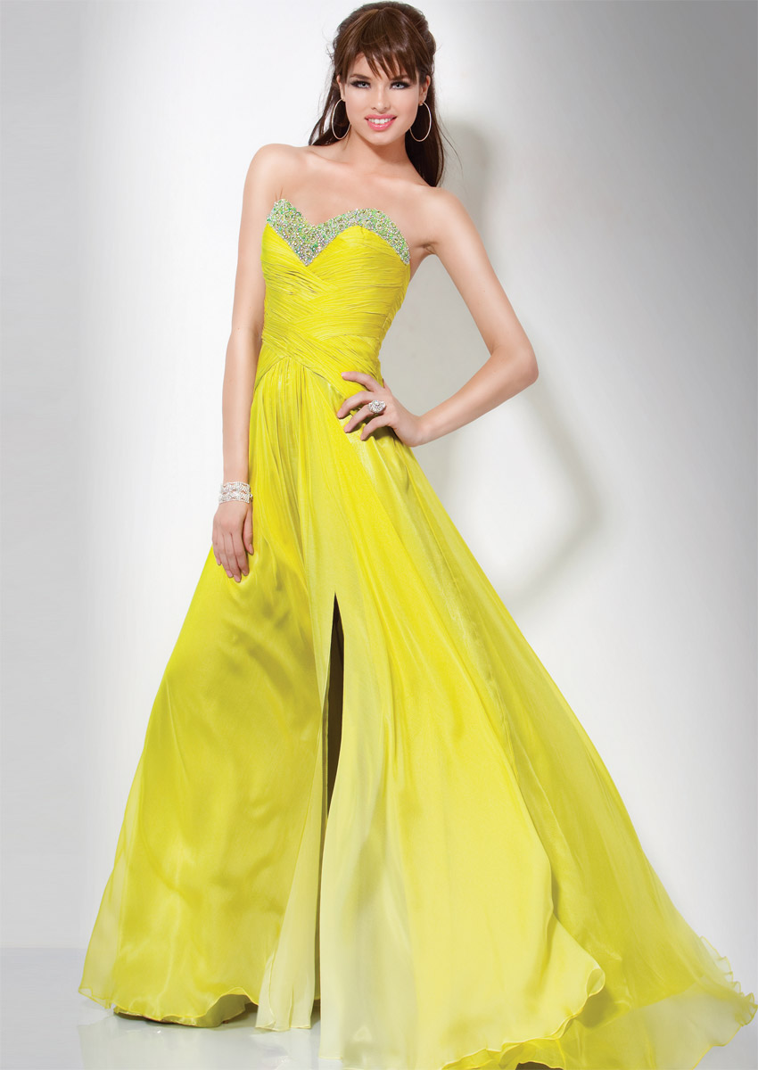 Yellow A Line Sweetheart Floor Length Zipper Slit Pleated Prom Dresses With Sequins