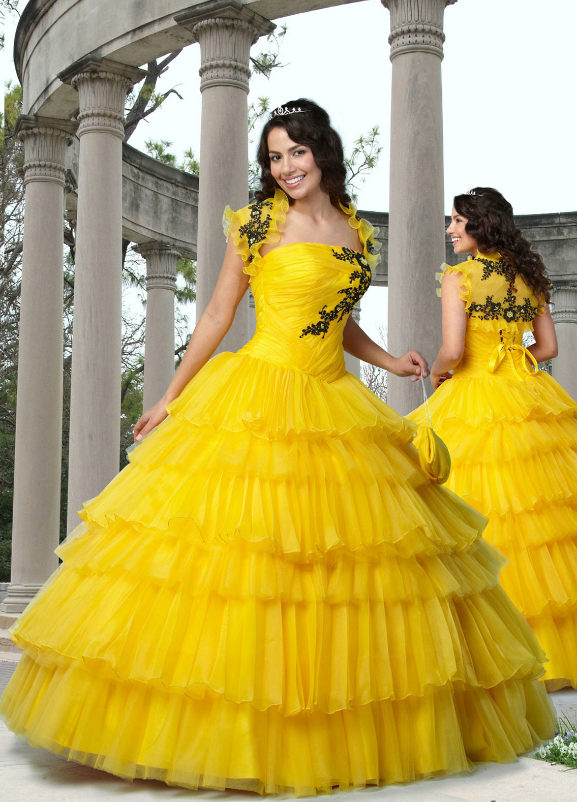 Yellow Ball Gown Strapless Lace Up Floor Length Black Embroidered Pleated Quinceanera Dresses