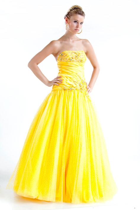 Yellow Ball Gown Strapless Zipper Full Length Prom Dresses With Sequins And Beads