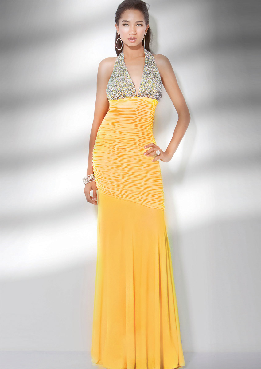 Yellow Mermaid Halter And V Neck Low Back Sequins Ruches Floor Length Evening Dresses