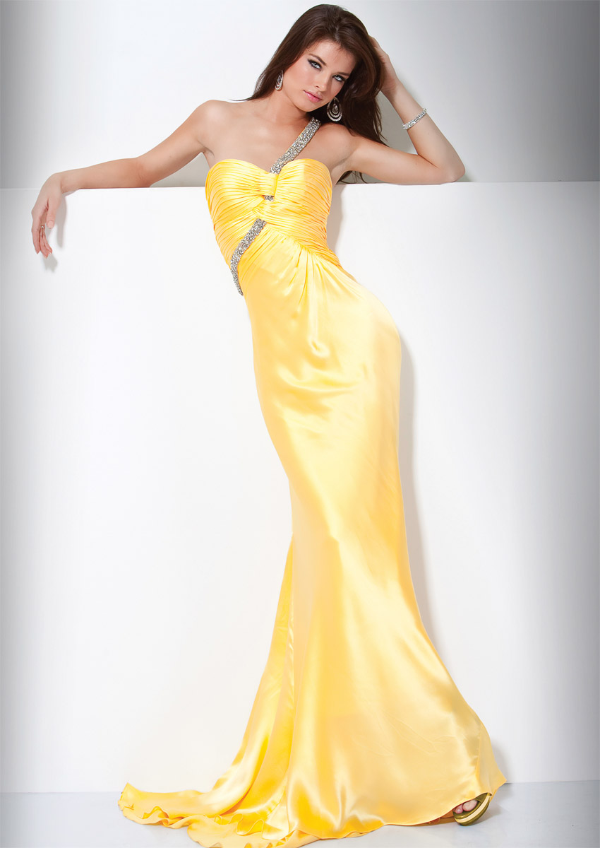 Yellow One Shoulder Open Back Sweep Train Full Length Sheath Celebrity Dresses With Drapes