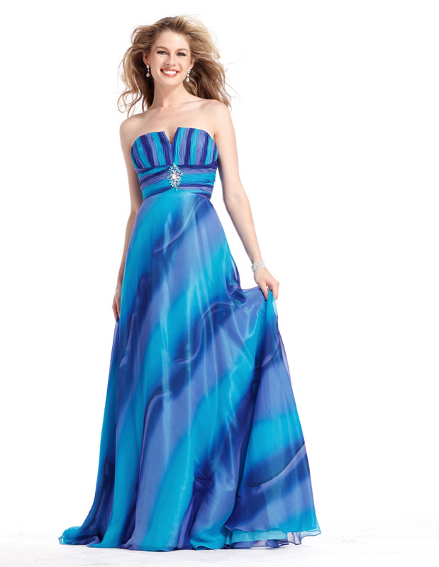 Gradient Blue Strapless Floor Length A-Line Prom Dress With Jewel