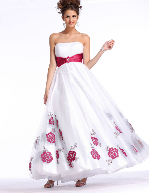 White Strapless Satin Ankle Length A Line Prom Dresses With Fuchsia Sash And Rosettes