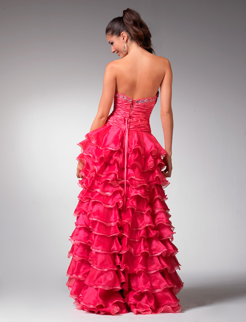 Pink Sweetheart Strapless Hi-Low Length Tiered Prom Dress With Sequins ...