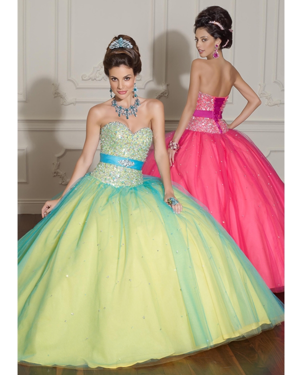 Daffodil Strapless Sweetheart Ball Gwon Organza Quinceanera Dresses With Beadings And Turquoise Sash