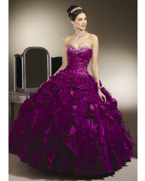 Purple Strapless Sweetheart Ball Gown Floor Length Tulle Quinceanera ...