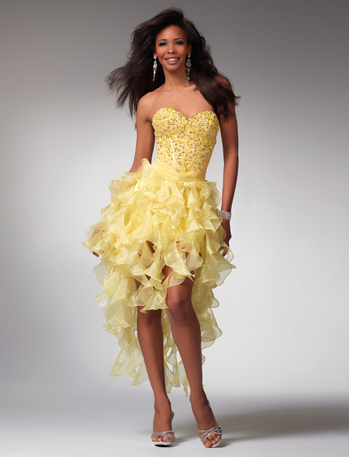 Prosperous Yellow Strapless Sweetheart Mini Length Organza Prom Dresses With Beads And Ruffles